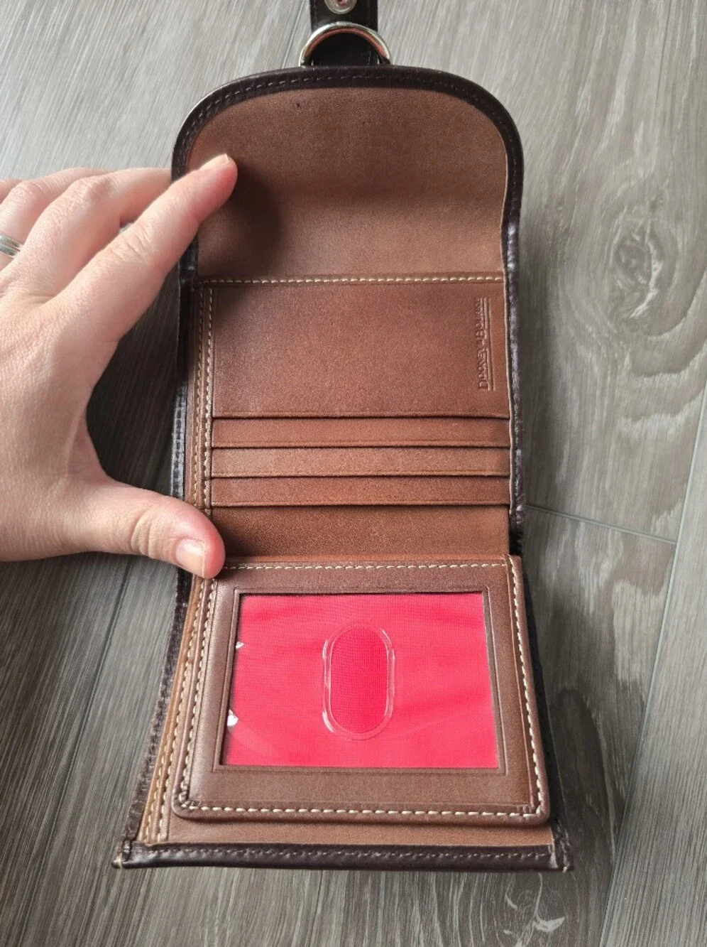 Dooney & Bourke Brown Pebble Grain Leather Ring Trifold Wallet ID Coin Zip